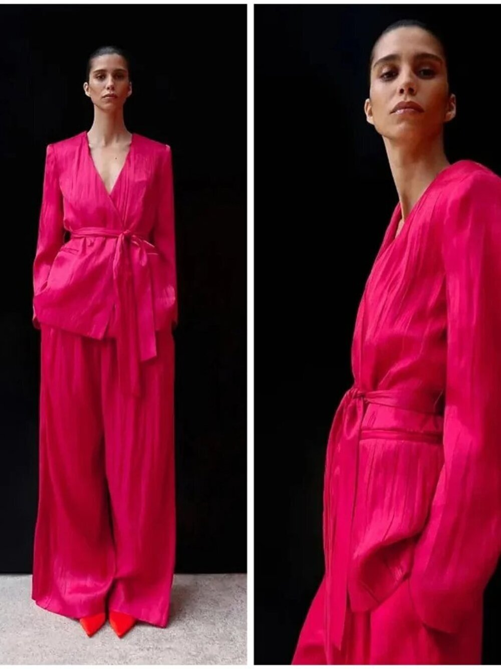 New Zara Wrinkle Effect Double Breasted Belted Shimmery Pink Blazer/Jacket XS